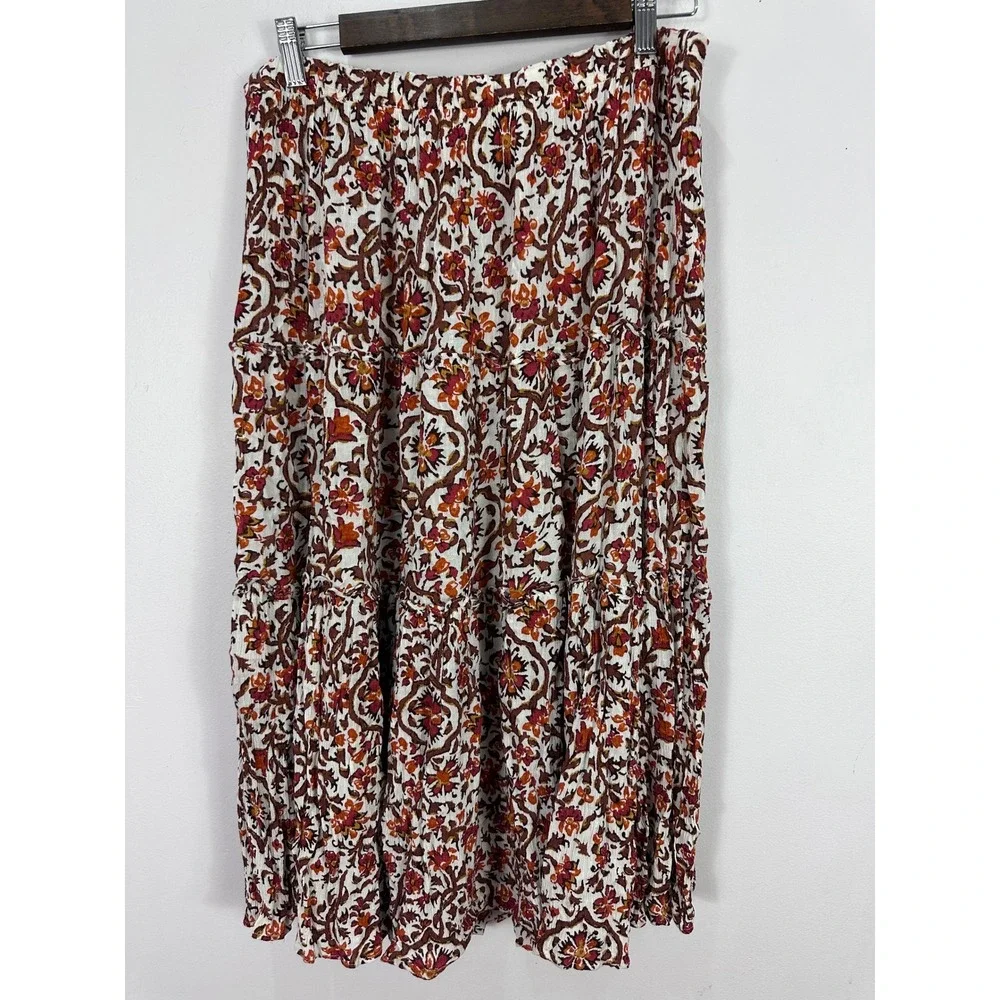Cynthia Rowley Tiered Midi Skirt Womens Large Orange Floral Boho Cottage Crinkle